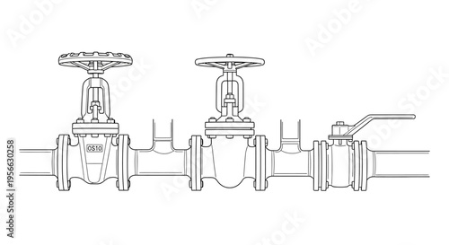 Detailed linear diagram of industrial pipeline valves with handwheel control