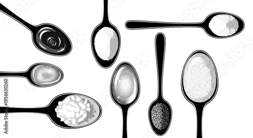 Monochrome spoons with various seasonings and sauces