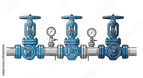 Industrial metal pipeline with valves and pressure gauges in detailed cartoon style