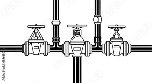 Industrial pipeline diagram with valves in black and white linear style