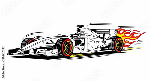 Dynamic racing car with flames and motion lines on white background