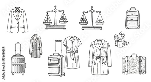 Linear outline of travel essentials and fashionable outfits