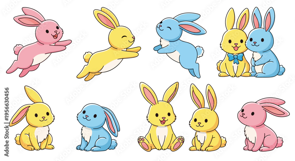 Obraz premium Colorful cartoon bunnies in playful poses