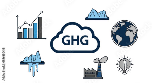 Greenhouse gas impact on climate illustrated with global warming elements
