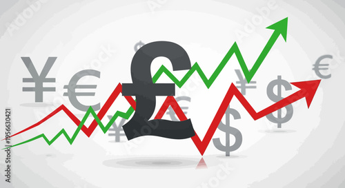 Currency market trends with pound sterling and rising arrows