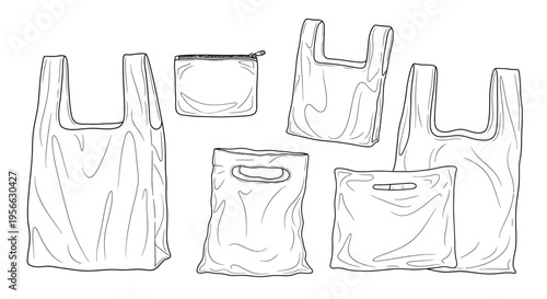 Line art set of reusable and plastic bags in various styles