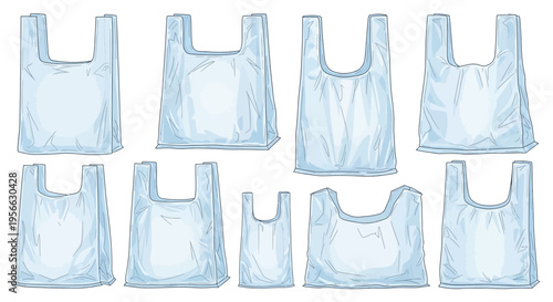 Set of various types of plastic shopping bags in light blue color