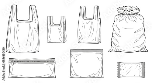Various plastic package designs in detailed linear style for packaging concepts