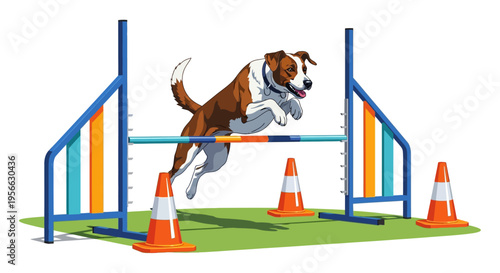 Energetic dog leaping over agility course hurdle with vibrant colors