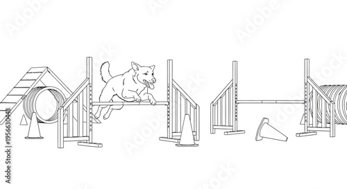 Playful dog navigating agility course with jumps and obstacles in line art style