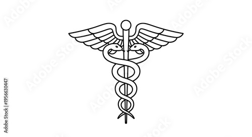 Caduceus symbol: linear black and white medical icon with snakes and wings