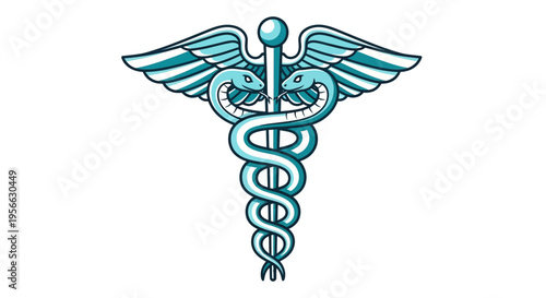 Caduceus symbol with winged snakes and staff on white background