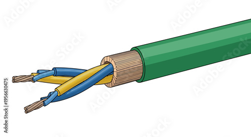 Detailed cross-section of electrical cable with copper wires and green insulation