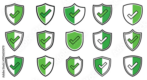 Green check shield icons collection in flat style