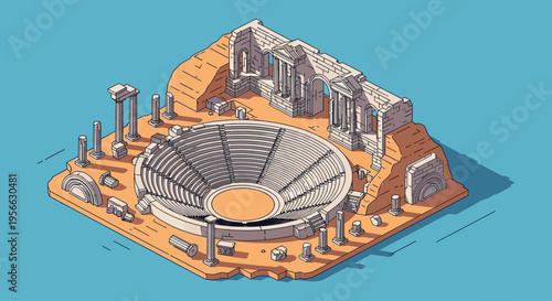 An isometric illustration depicts ancient ruins including a theater and columns rendered as a dark silhouette high quality professional detailed modern