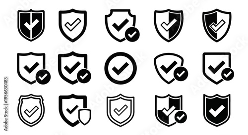 Set of black and white check mark shields for security and protection themes