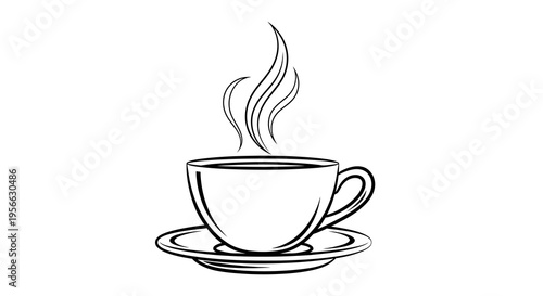 Warm coffee cup silhouette with rising steam and saucer on white background
