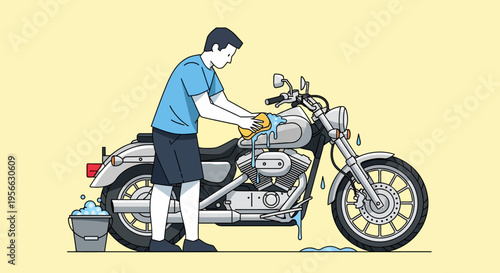 Person cleaning motorcycle with water and soap in minimalist style