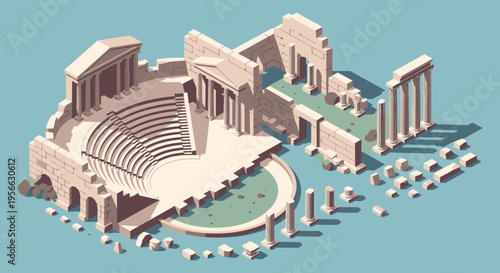 An isometric view of an ancient greek amphitheater with detailed stonework and ruin elements presented as a silhouette high quality professional