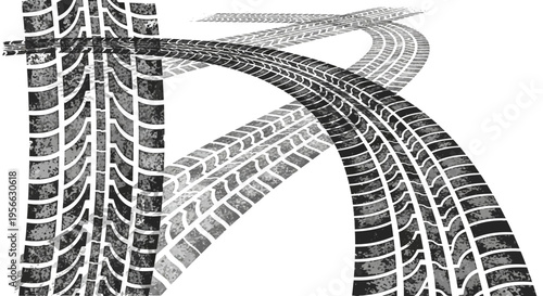 Grunge tire tracks on white background with curved patterns