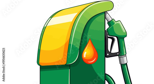 Modern green fuel pump with gasoline drop symbol on clean white background