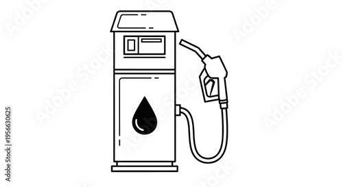 Minimalist gas pump with nozzle and droplet icon in black and white design