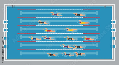 An aerial view depicts multiple swimmers practicing in a rectangular blue swimming pool a striking silhouette high quality professional detailed