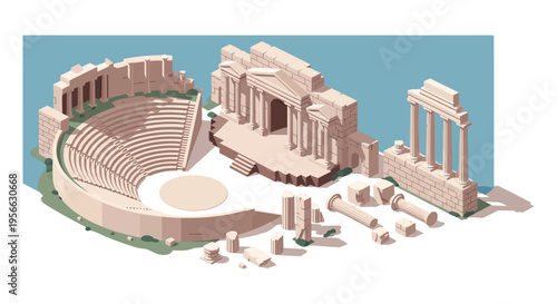 A stylized isometric illustration depicts ancient roman ruins including a theater columns and arches in a flat silhouette high quality professional