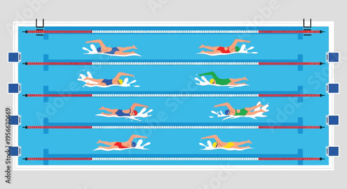 An aerial view of a swimming pool with multiple swimmers in various strokes presented as a bold silhouette high quality professional