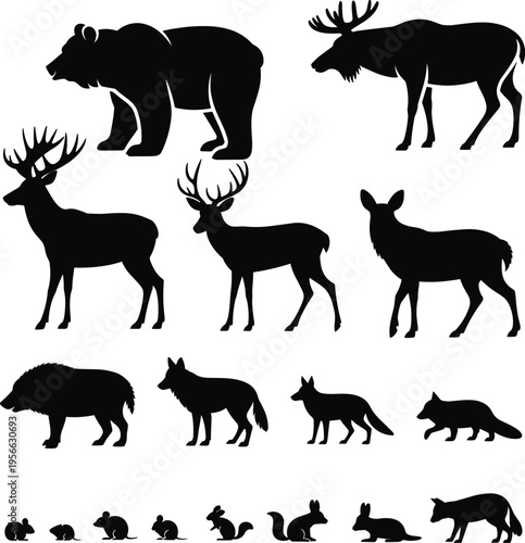 Forest animal silhouette illustration, diverse wildlife figures including bear, moose, deer, boar, wolves, foxes, squirrels, and rodents, nature theme, vector art, black isolated bold design