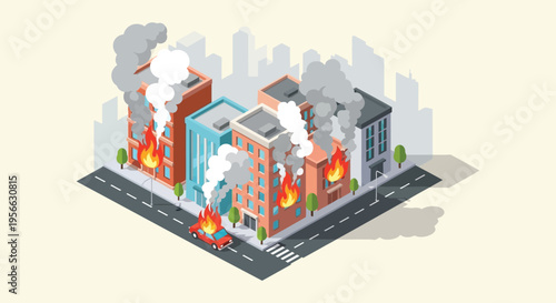 A brightly colored isometric illustration depicts a city in flames with smoke billowing from burning buildings silhouette high quality professional detailed