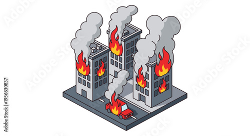 Stylized illustration depicting burning buildings and a vehicle rendered in a flat cartoonish silhouette high quality professional detailed modern elegant stylish