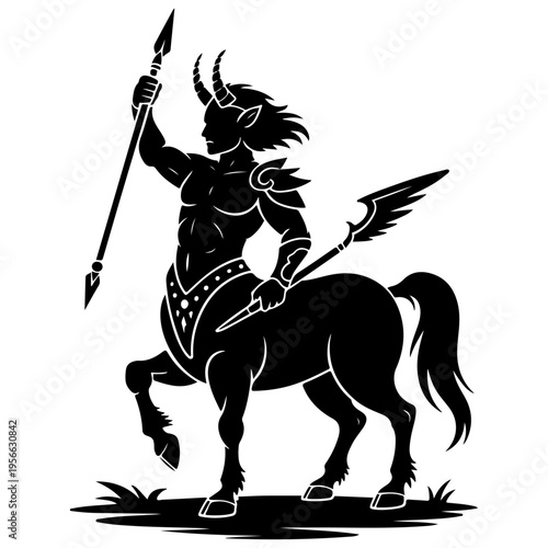 Powerful black silhouette of a mythical centaur warrior holding a spear, standing on grass, vector illustration