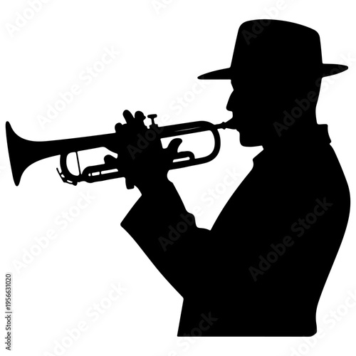 Black silhouette of a man playing a trumpet, wearing a fedora hat, isolated on white background