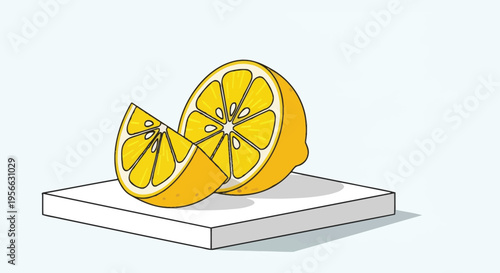 A vibrant illustration depicts a whole lemon and two slices resting on a white surface showcasing a bold silhouette high quality