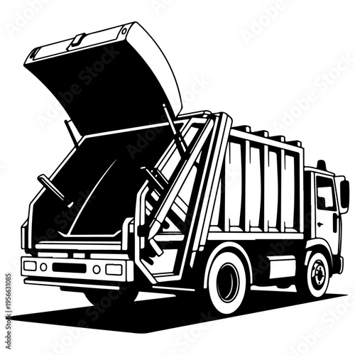 Black and white vector illustration of a rear-loading garbage truck with open compactor for waste management