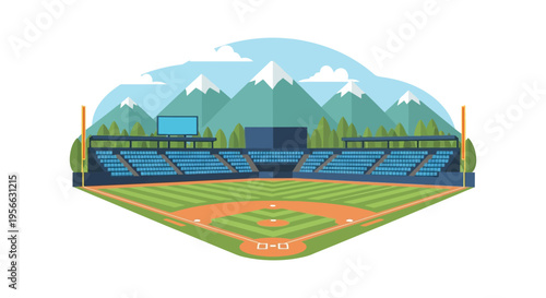 A vibrant illustration depicts a baseball stadium nestled against a mountain range creating a scenic landscape silhouette high quality professional detailed