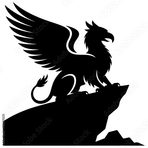 Majestic black griffin mythical creature vector silhouette standing on a rock cliff, fantasy heraldic emblem