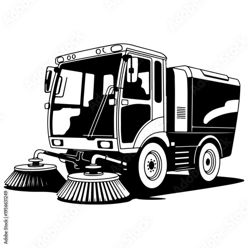 Street sweeper truck vector illustration in black and white for urban cleaning and municipal services