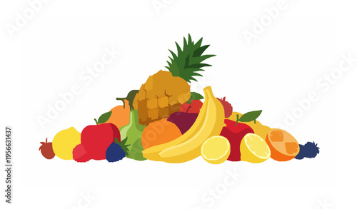 Colorful fruit circle arrangement with tropical and seasonal fruits vector illustration isolated on white background