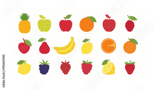 Mixed tropical fruits pile with pineapple banana apple orange lemon and berries vector illustration isolated on white