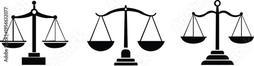  Scales of justice icon set. Law and legal symbol threecourt or lawer, Libra zodiaic sign. Black vector illustration showing balance and imbalance. Equality and decision concept