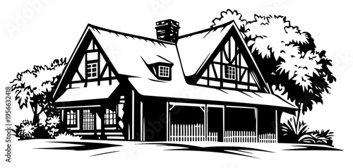 Quadro su tela Traditional country house cottage with garden trees, vintage woodcut style home