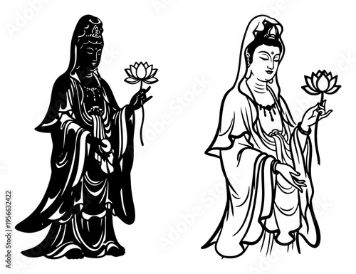 Guanyin Goddess of Mercy silhouette and line art, Buddhist deity with lotus flower, spiritual Asian culture and Zen