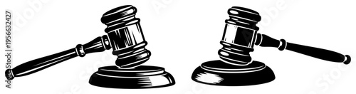 Judge gavel and auctioneer hammer set, legal justice and authority symbols in vintage woodcut style, law court icons