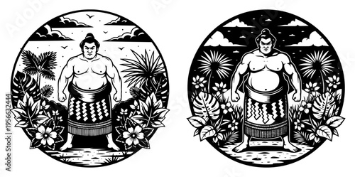 Sumo wrestler in tropical floral circular frame, Japanese rikishi athlete mascot in nature jungle setting, traditional martial arts