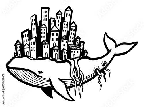 Surreal whale with city on back illustration, fantasy giant sea creature carrying urban buildings, creative ocean ecology concept art