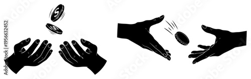 Hands catching and tossing coins set, financial profit and charity donation concept, money transfer and business icons