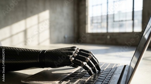 Obraz na płótnie Futuristic metallic bionic robot hand typing fast on a modern laptop keyboard