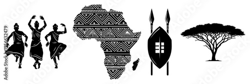 Africa culture set with tribal dancers and map pattern, savanna acacia tree and ethnic shield with spears, African heritage icons